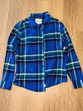 American Eagle Outfitters Blue and Green Plaid Button-Down Shirt flannel collar
